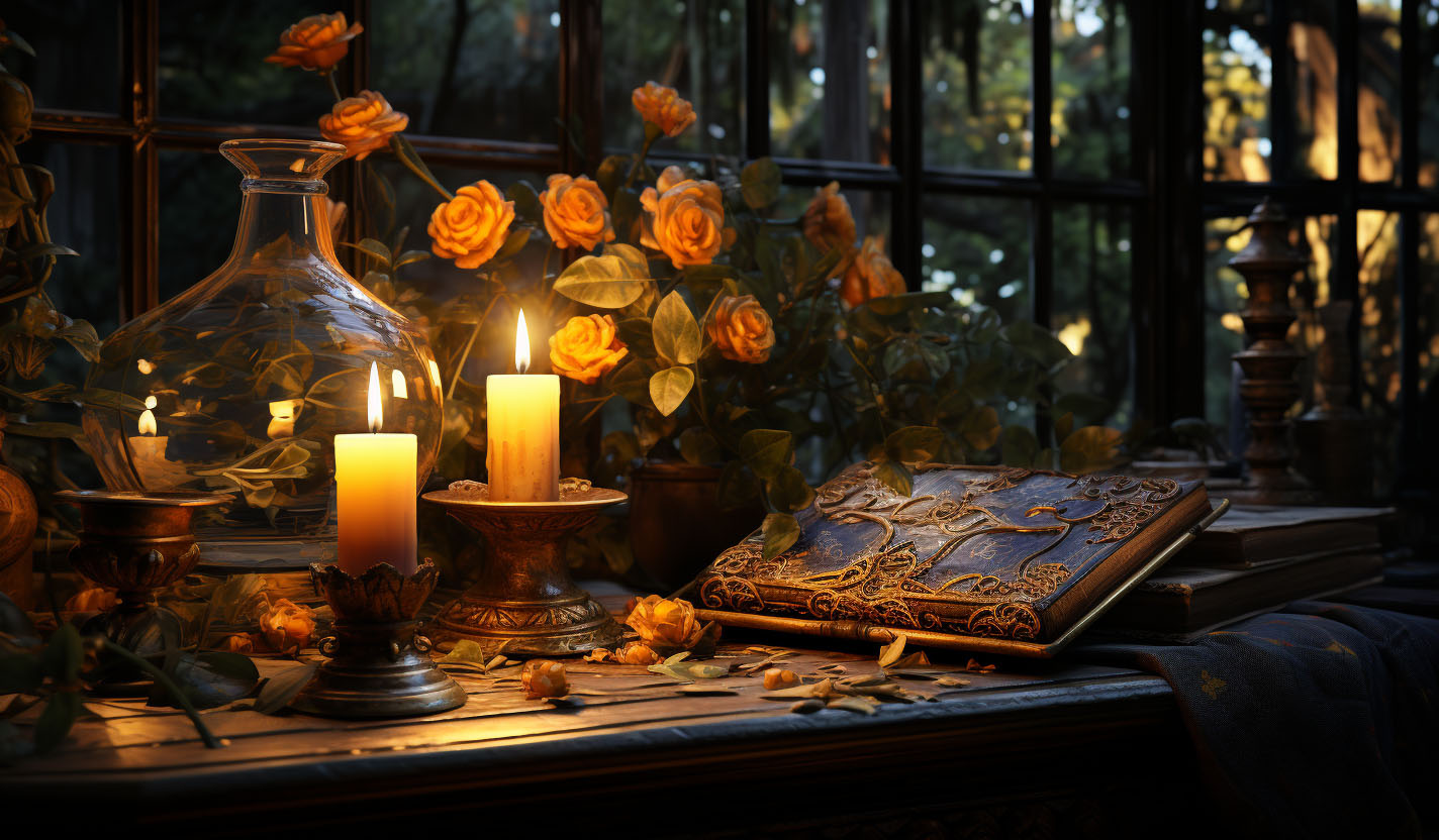 a-table-topped-with-candles-and-a-book